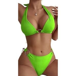 NWOT Sweaty Rocks Ring Link Halter Push Up Bikini Neon Lime *Medium Swimwear